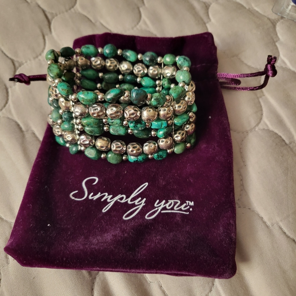 Stackable Simply You bracelet. Greens and silver. Elastic adjustable.